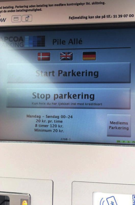 Ønsker du hellere at registrere din parkering i en automat på pladsen, skal du trykke på
