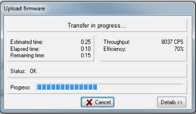 Overførslen af den nye software starter automatisk efter ca. 10 sekunder 9. Når uploading af softwaren er færdig, lukker dialogboksen, og printet genstarter 10.