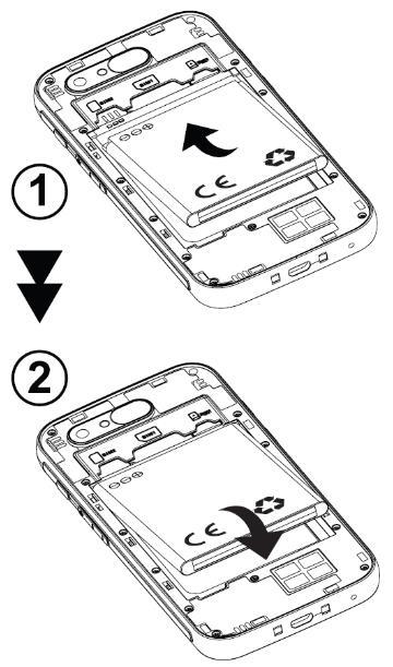 6. Indsæt batteriet: - Indsæt batteriet i batterirummet med de gyldne kontakter på batteriet, pegende mod øverste venstre hjørne af telefonen.