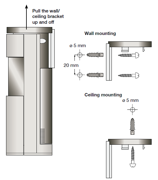 Montering Bevægelsessensoren har et monteringsbeslag der kan monteres I loft eller på væg.