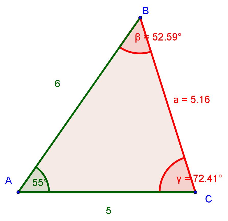 Opgaver om skævvinklede trekanter Øvelser Beregn på samme måde vinklerne A og B Beregn vinkelsummen Eksempel II: SVS (to sider kendte samt den mellemliggende vinkel) I trekanten er de to sidelængder