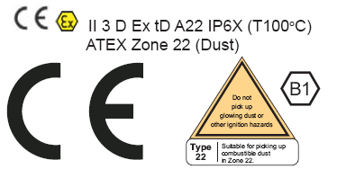 Producentens ansvar: Direktiv 94/9/EF Producenten skal EX-mærke sit udstyr efter de Zoner hvor det må og kan bruges. Eksempel på Tiger Vac mærkning: II 3 D : Blæser der arbejder med Zone 22.