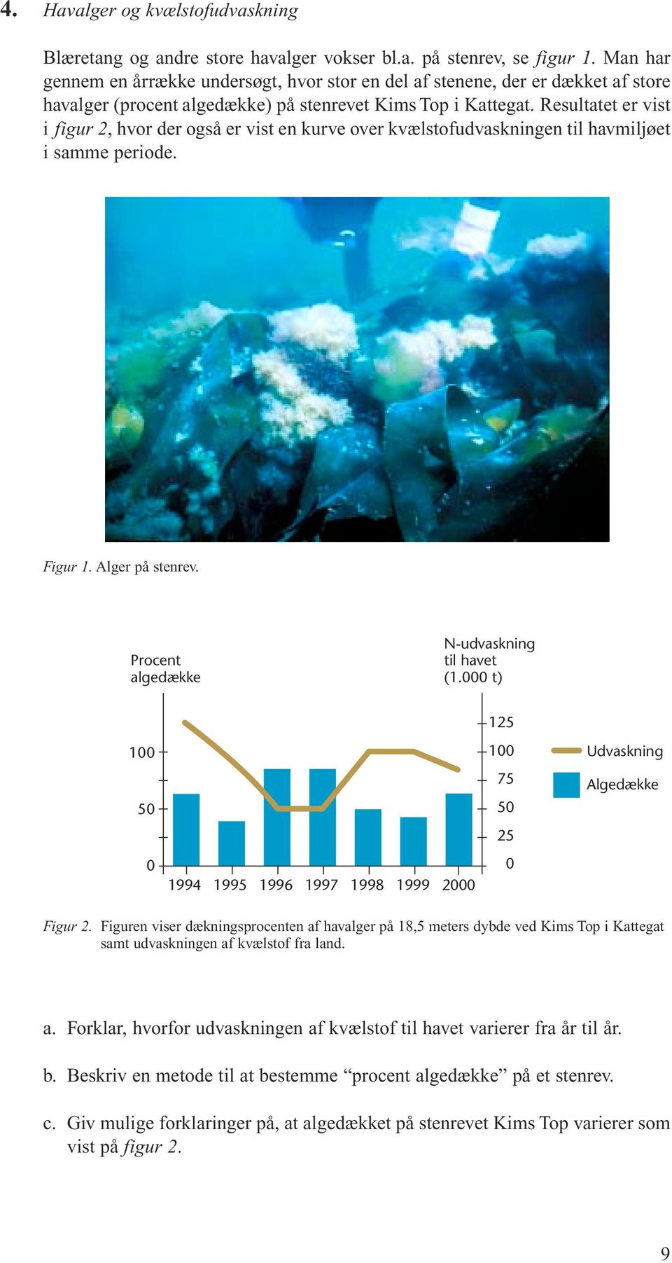 Resultatet er vist i figur 2, hvor der også er vist en kurve over kvælstofudvaskningen til havmiljøet i samme periode. Figur 1. Alger på stenrev. Procent algedække -udvaskning til havet (1.
