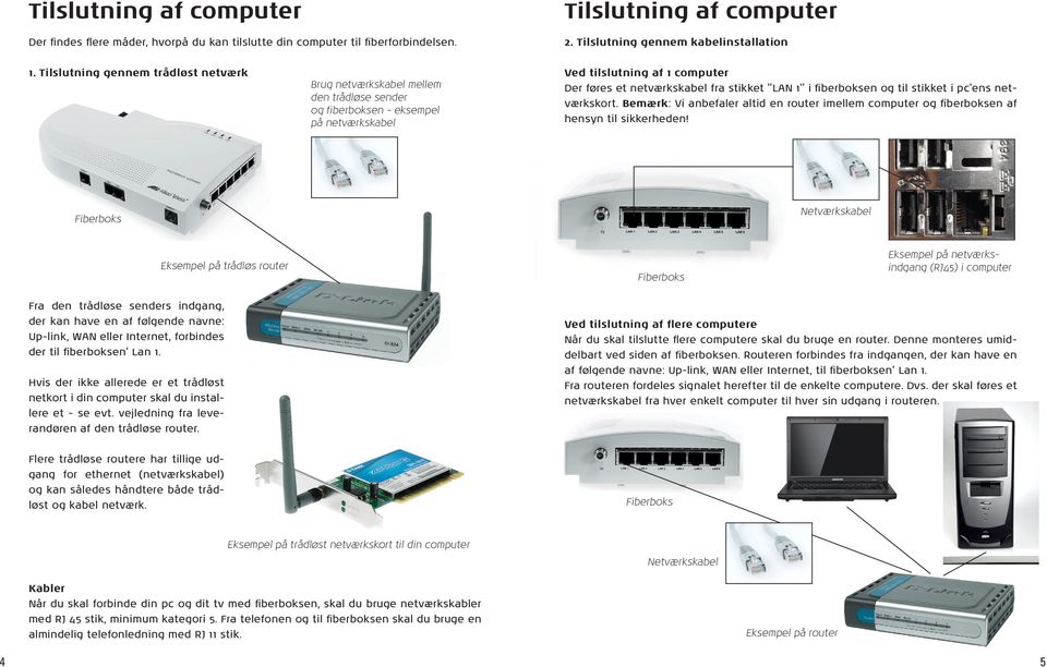 i fiberboksen og til stikket i pc ens netværkskort. Bemærk: Vi anbefaler altid en router imellem computer og fiberboksen af hensyn til sikkerheden!