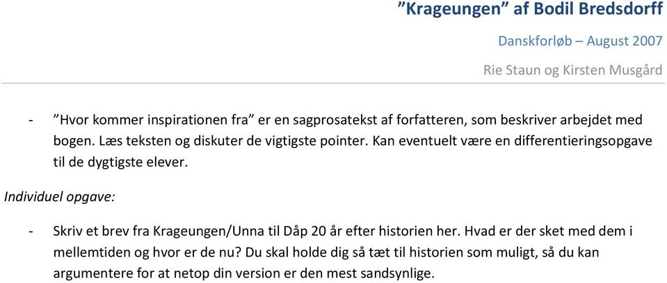 Individuel opgave: - Skriv et brev fra Krageungen/Unna til Dåp 20 år efter historien her.