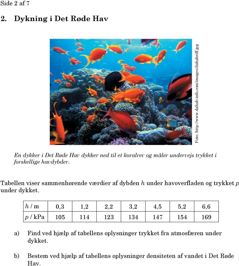 Tabellen viser sammenhørende værdier af dybden h under havoverfladen og trykket p under dykket.