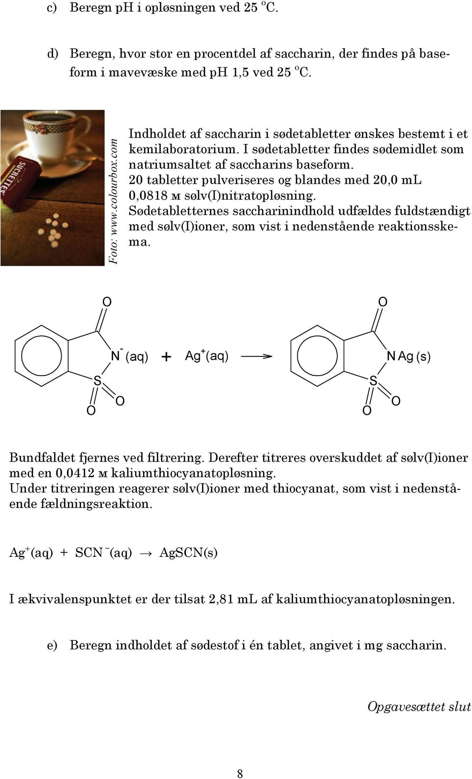 20 tabletter pulveriseres og blandes med 20,0 ml 0,0818 м sølv(i)nitratopløsning. Sødetabletternes saccharinindhold udfældes fuldstændigt med sølv(i)ioner, som vist i nedenstående reaktionsskema.