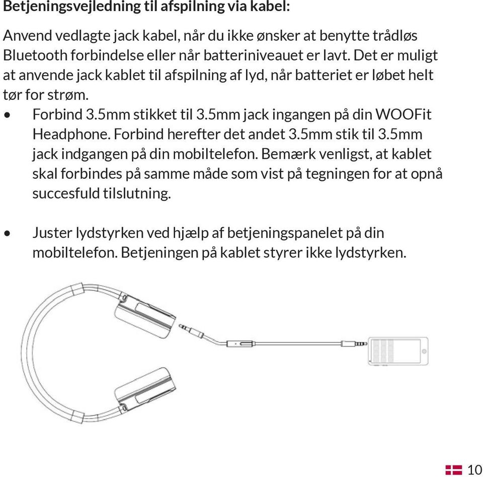 5mm jack ingangen på din WOOFit Headphone. Forbind herefter det andet 3.5mm stik til 3.5mm jack indgangen på din mobiltelefon.