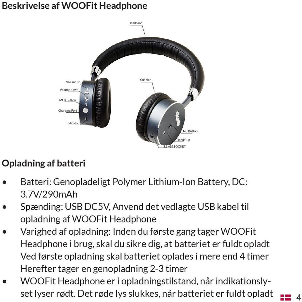 7V/290mAh Spænding: USB DC5V, Anvend det vedlagte USB kabel til opladning af WOOFit Headphone Varighed af opladning: Inden du første gang tager WOOFit Headphone i