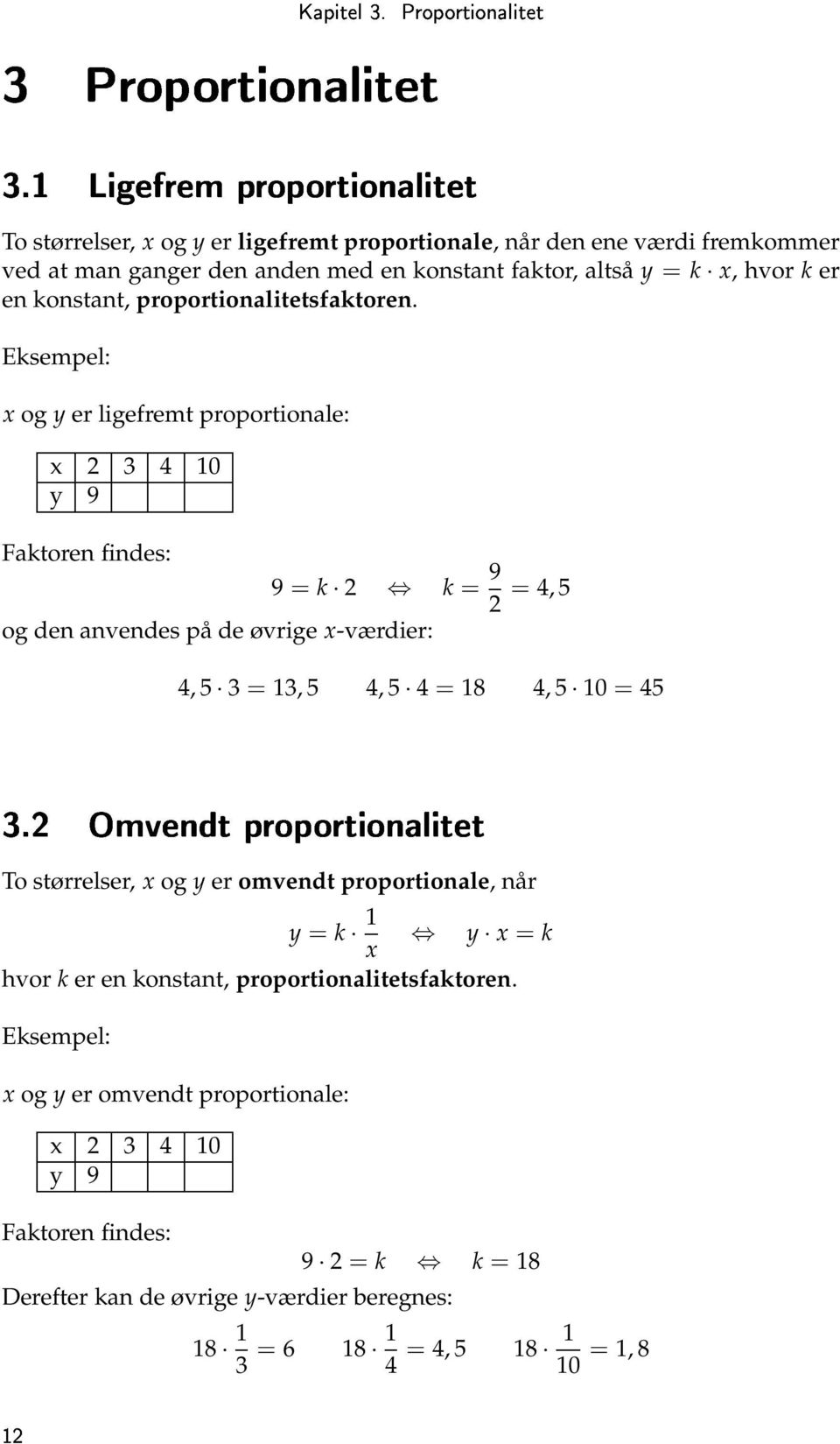 Eksempel: x og y er ligefremt proportionale: x 2 3 4 10 y 9 Faktoren findes: 9 = k 2 k = 9 2 = 4, 5 og den anvendes på de øvrige x-værdier: º¾ ÇÑÚ Ò ØÔÖÓÔÓÖØ ÓÒ Ð Ø Ø 4, 5 3 = 13, 5 4, 5 4 =