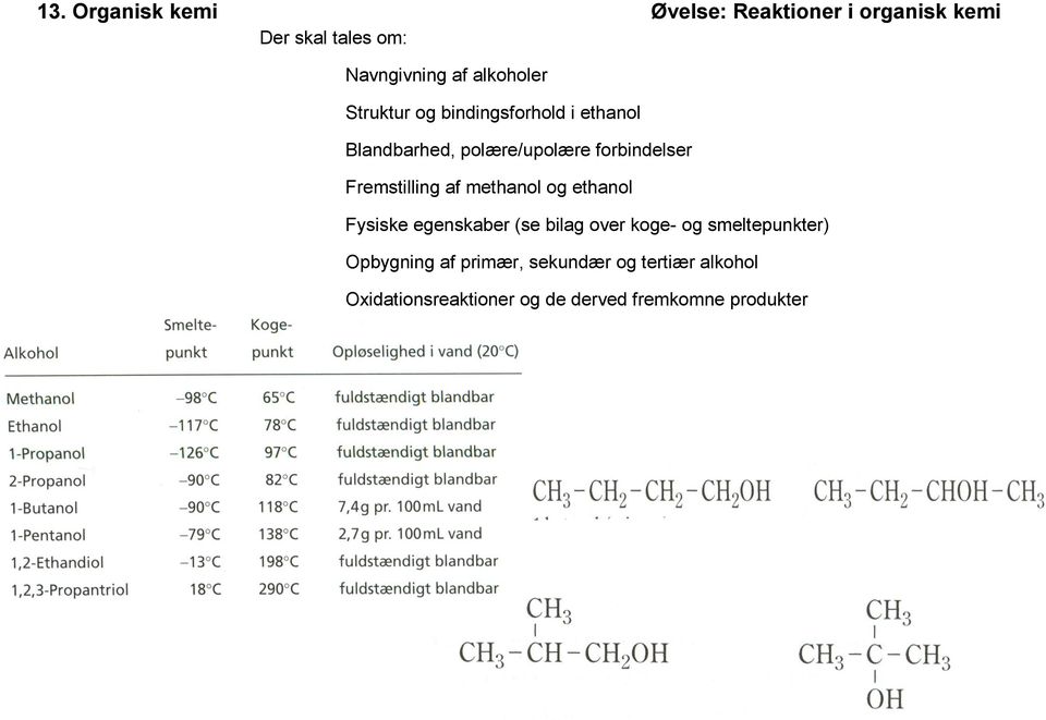 methanol og ethanol Fysiske egenskaber (se bilag over koge- og smeltepunkter) Opbygning