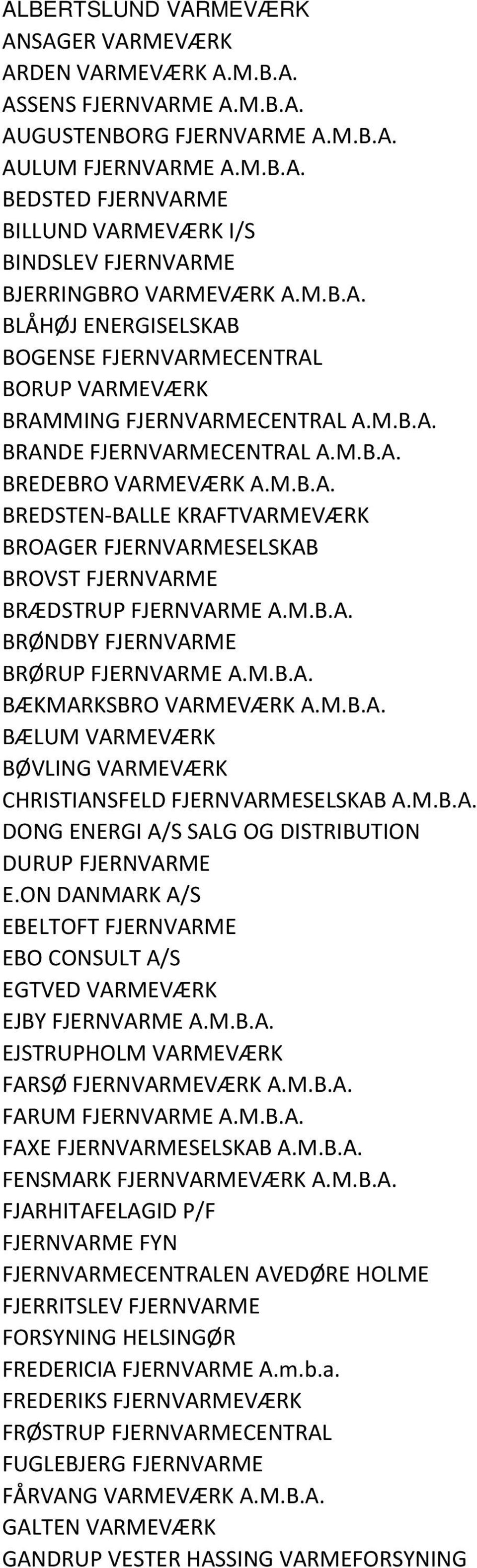 M.B.A. BRØNDBY FJERNVARME BRØRUP FJERNVARME A.M.B.A. BÆKMARKSBRO VARMEVÆRK A.M.B.A. BÆLUM VARMEVÆRK BØVLING VARMEVÆRK CHRISTIANSFELD FJERNVARMESELSKAB A.M.B.A. DONG ENERGI A/S SALG OG DISTRIBUTION DURUP FJERNVARME E.