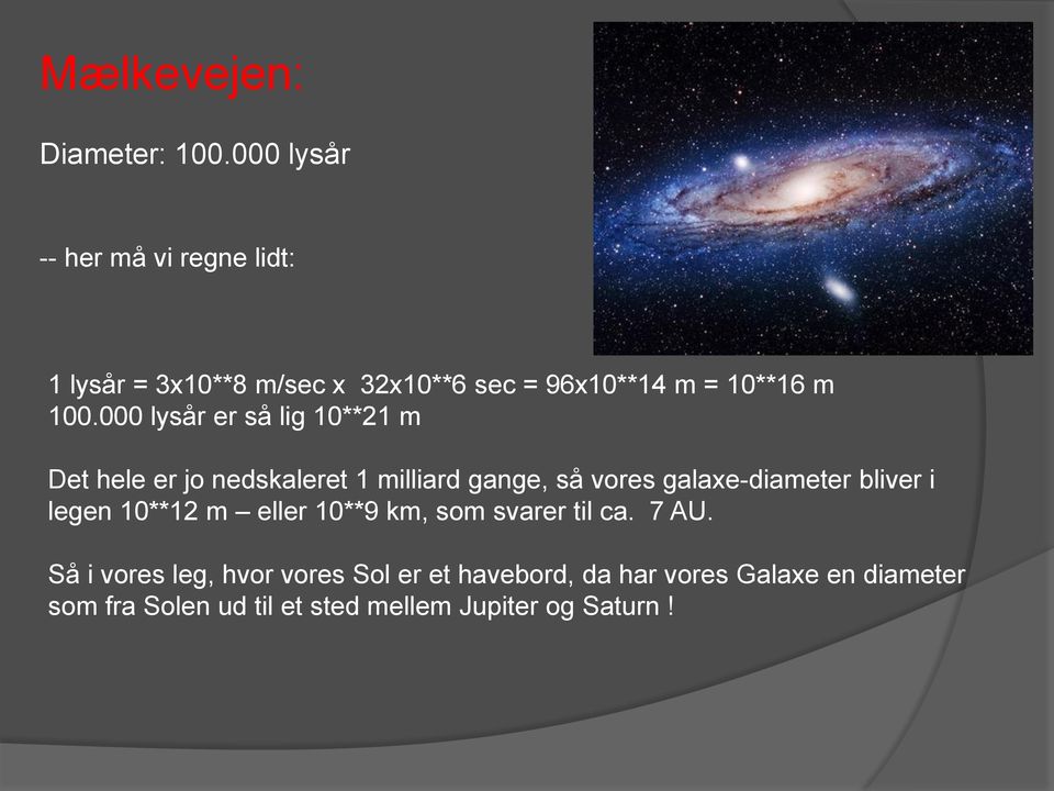 000 lysår er så lig 10**21 m Det hele er jo nedskaleret 1 milliard gange, så vores galaxe-diameter bliver