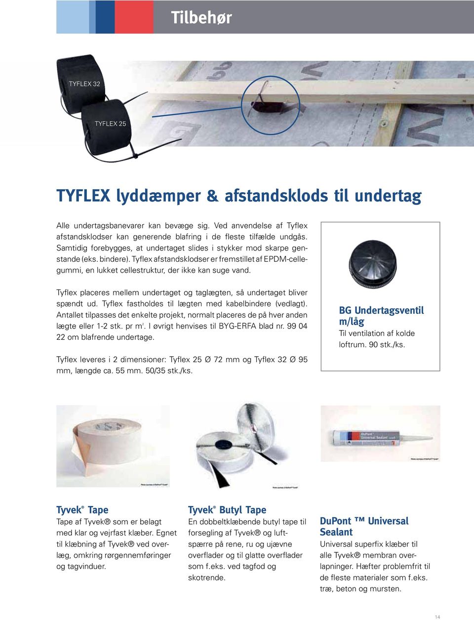 Tyflex placeres mellem undertaget og taglægten, så undertaget bliver spændt ud. Tyflex fastholdes til lægten med kabelbindere (vedlagt).