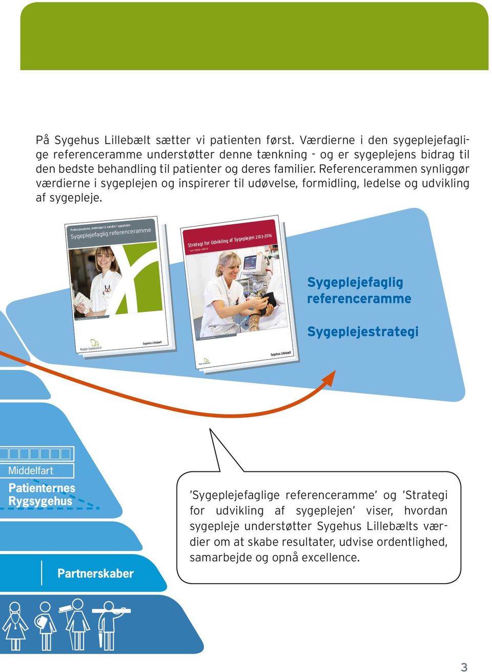 Referencerammen synliggør værdierne i sygeplejen og inspirerer til udøvelse, formidling, ledelse og udvikling af sygepleje.