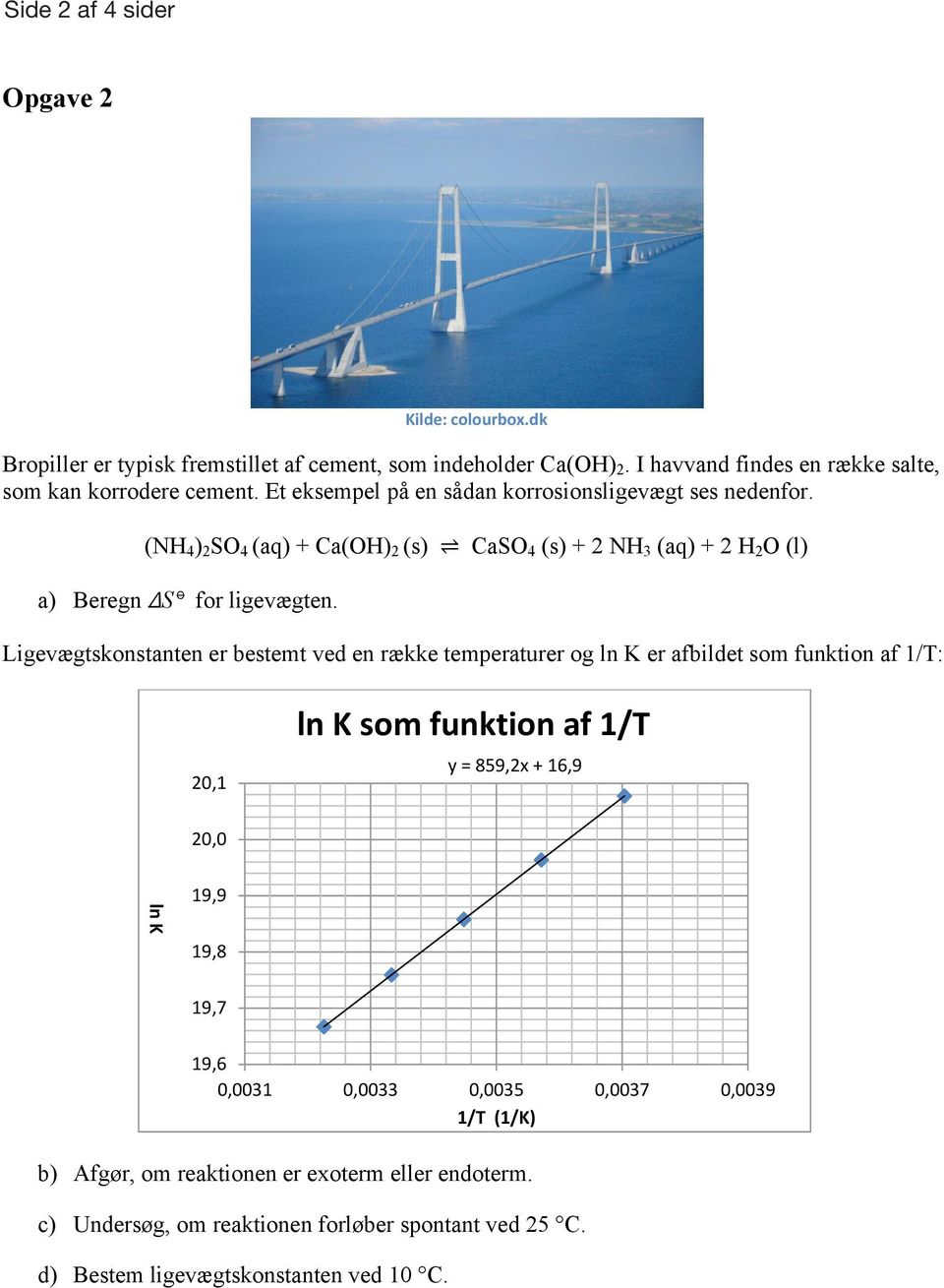 Ligevægtskonstanten er bestemt ved en række temperaturer og ln K er afbildet som funktion af 1/T: 20,1 ln K som funktion af 1/T y = 859,2x + 16,9 20,0 ln K 19,9 19,8 19,7