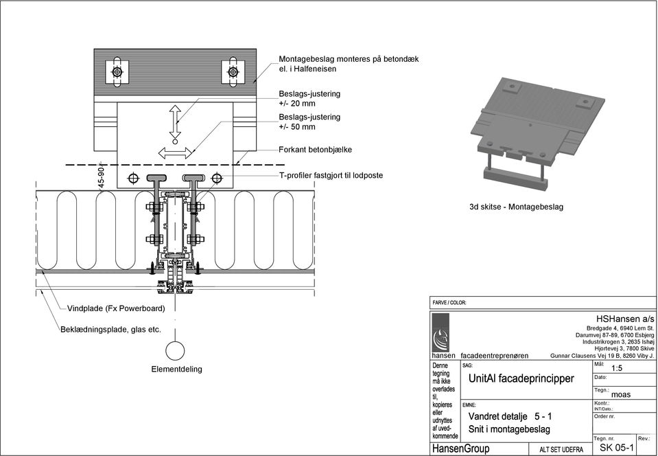 T-profiler fastgjort til lodposte 3d skitse - Montagebeslag Vindplade (Fx Powerboard)