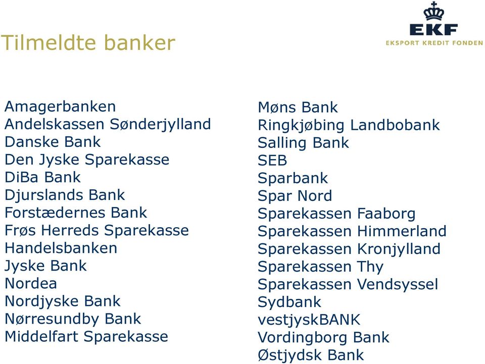 Sparekasse Møns Bank Ringkjøbing Landbobank Salling Bank SEB Sparbank Spar Nord Sparekassen Faaborg Sparekassen