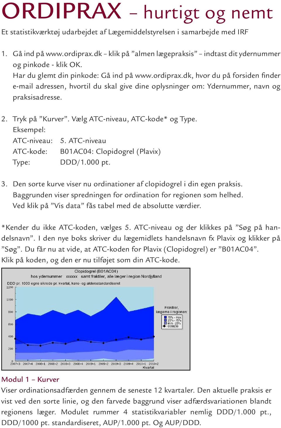 Vælg ATC-niveau, ATC-kode* og Type. Eksempel: ATC-niveau: 5. ATC-niveau ATC-kode: B01AC04: Clopidogrel (Plavix) Type: DDD/1.000 pt. 3.