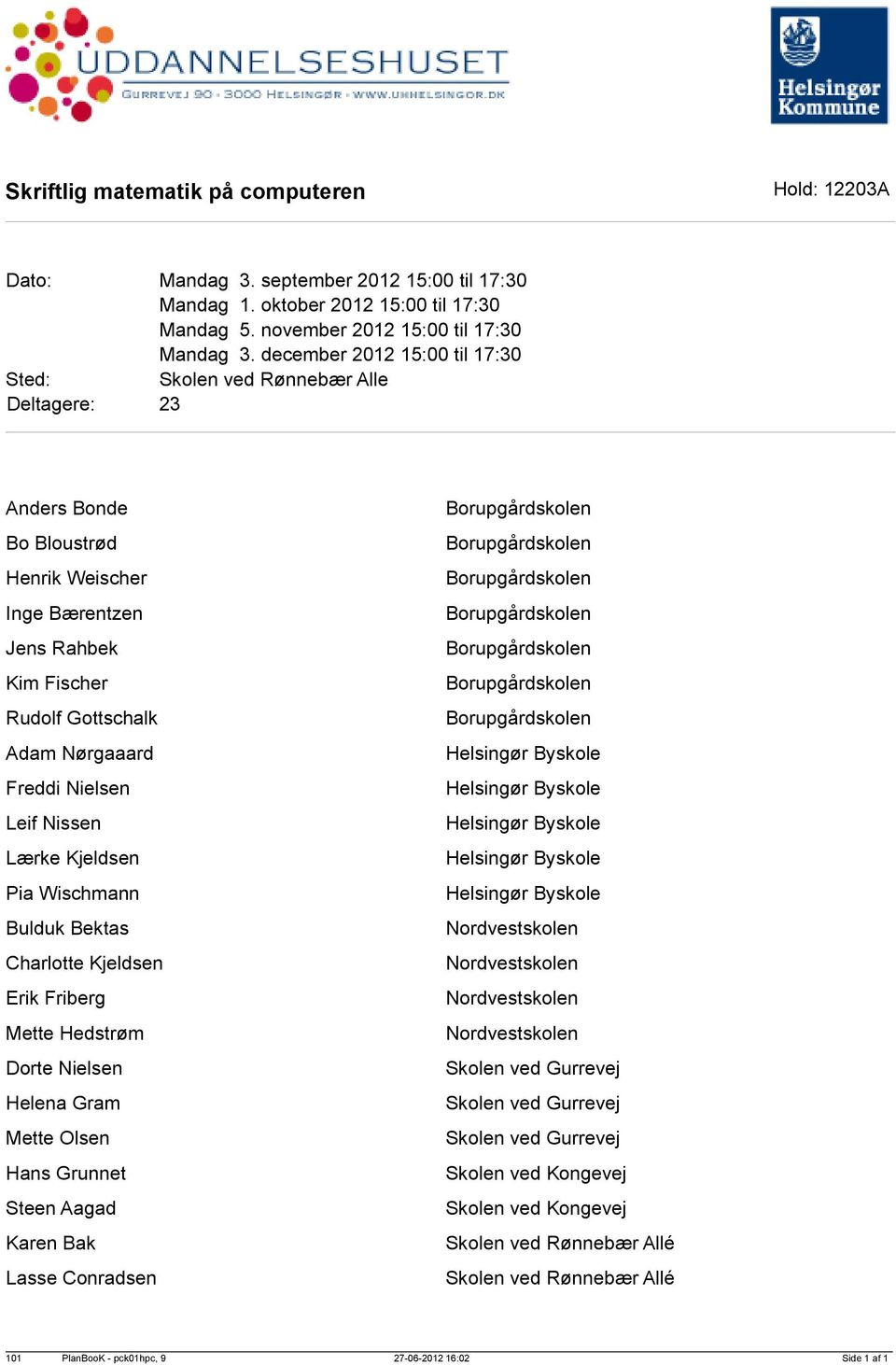december 2012 15:00 til 17:30 Skolen ved Rønnebær Alle Deltagere: 23 Anders Bonde Bo Bloustrød Henrik Weischer Inge Bærentzen Jens Rahbek Kim