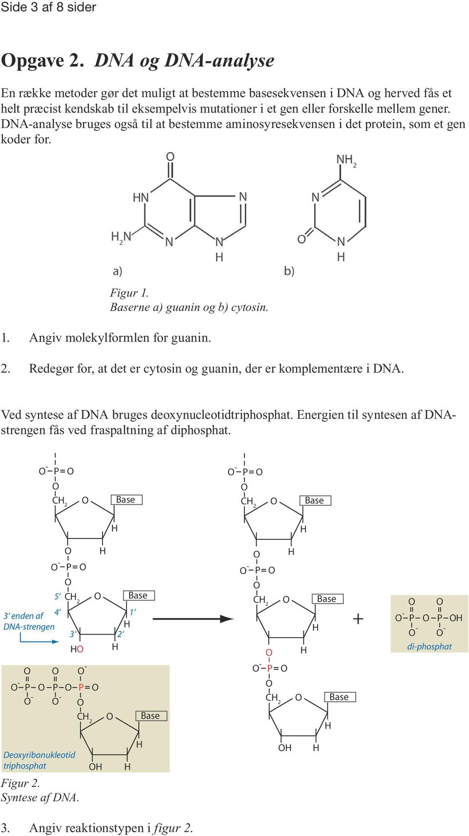 DNA-analyse bruges også til at bestemme aminosyresekvensen i det protein, som et gen koder for. Figur 1. Baserne a) guanin og b) cytosin. 1. Angiv molekylformlen for guanin. 2.