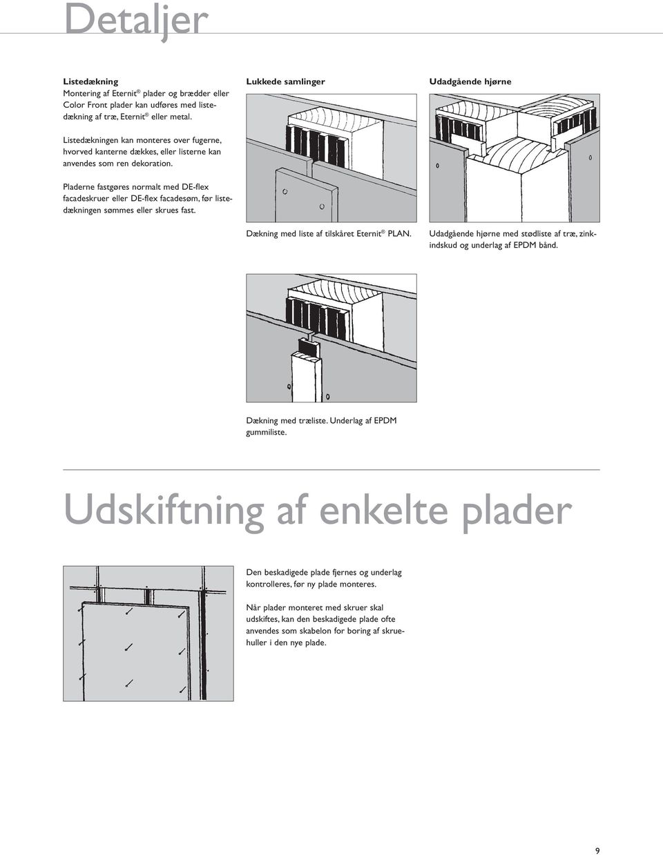 Pladerne fastgøres normalt med DE-flex facade skruer eller DE-flex facadesøm, før listedækningen sømmes eller skrues fast. Dækning med liste af tilskåret Eternit PLAN.