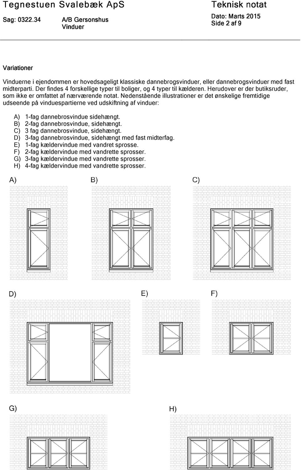 Nedenstående illustrationer er det ønskelige fremtidige udseende på vinduespartierne ved udskiftning af vinduer: A) 1-fag dannebrosvindue sidehængt.