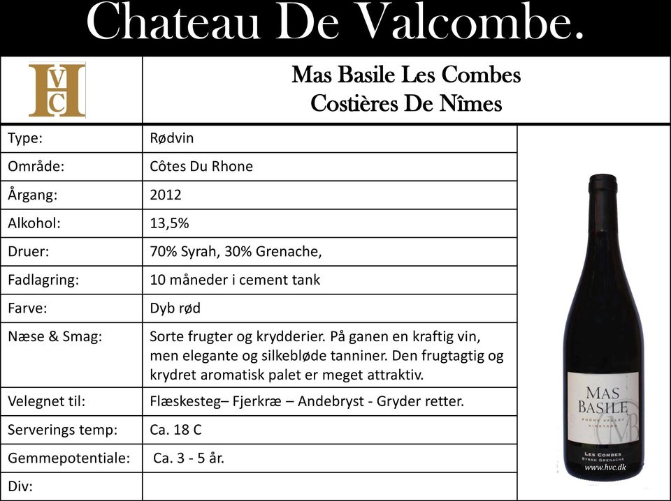 Div: Côtes Du Rhone 70% Syrah, 30% Grenache, 10 måneder i cement tank Dyb rød Mas Basile Les Combes Costières De Nîmes