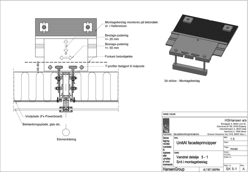 T-profiler fastgjort til lodposte 3d skitse - Montagebeslag Vindplade (Fx Powerboard)