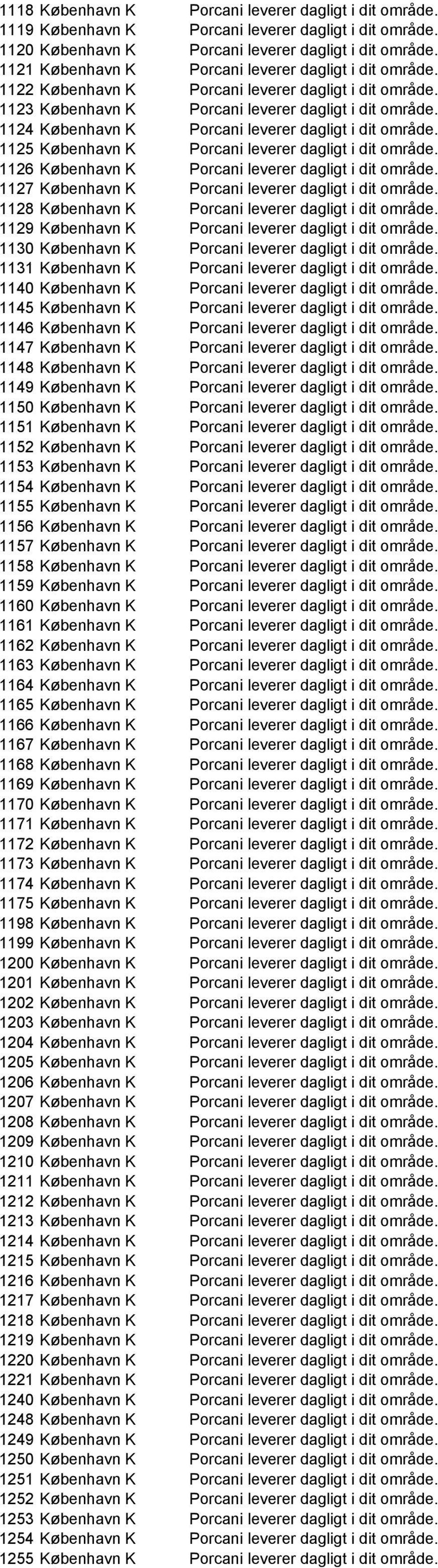 1124 København K Porcani leverer dagligt i dit område. 1125 København K Porcani leverer dagligt i dit område. 1126 København K Porcani leverer dagligt i dit område.