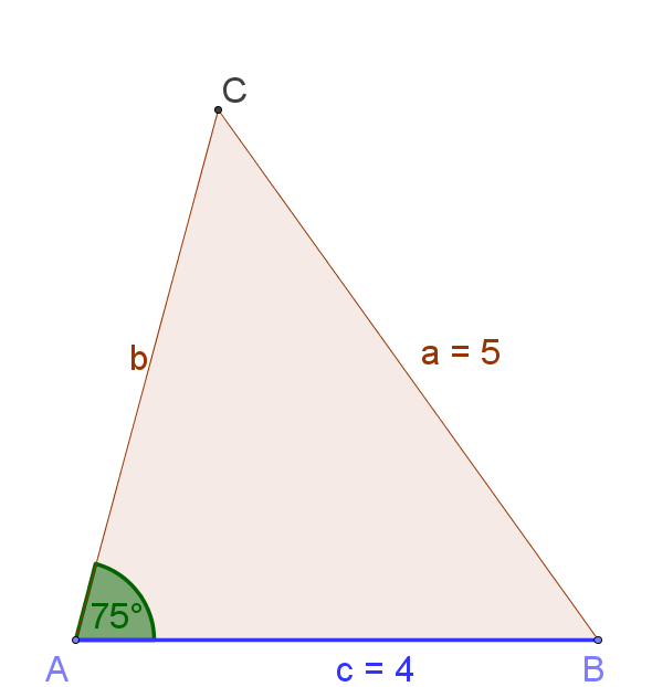 Eksempel I ABC er A= 75 ; a = 5 og c = 4. Beregn manglende sider og vinkler.