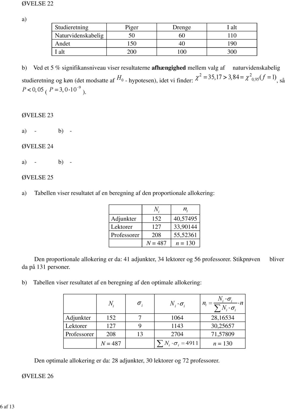 ØVELSE 23 - - ØVELSE 24 - - ØVELSE 25 Tabellen viser resultatet af en beregning af den proportionale allokering: Adjunkter 152 40,57495 Lektorer 127 33,90144 Professorer 208 55,52361 N = 487 n = 130