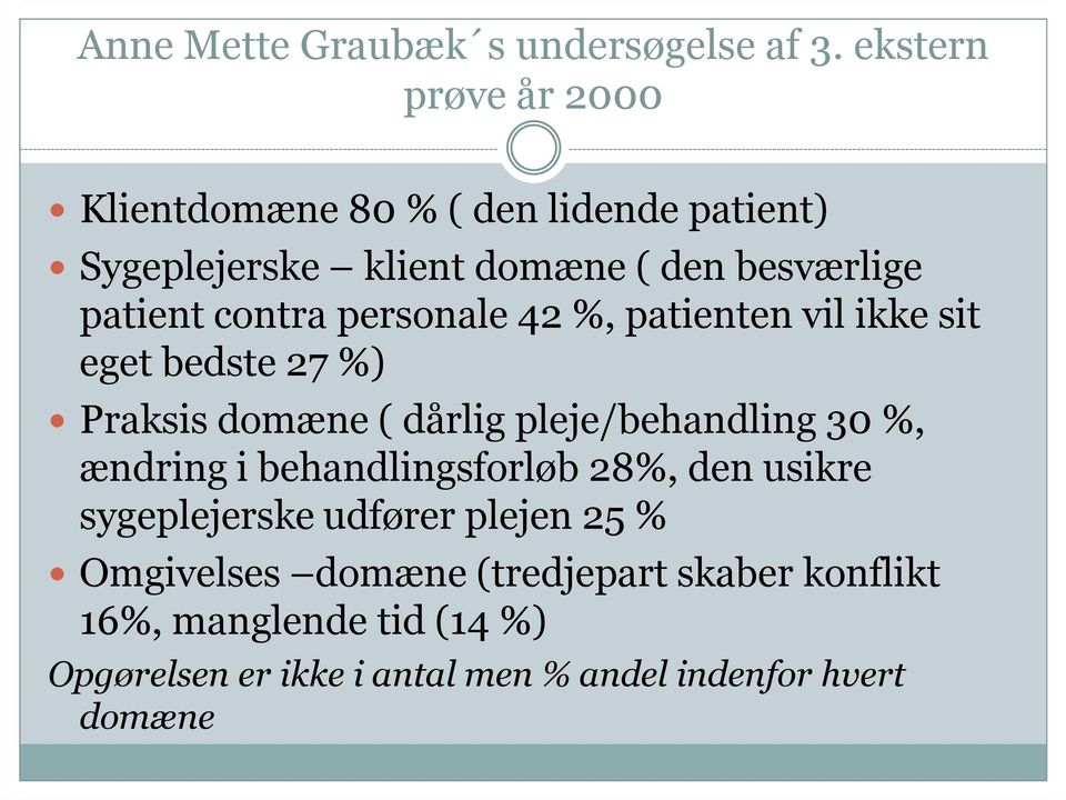 contra personale 42 %, patienten vil ikke sit eget bedste 27 %) Praksis domæne ( dårlig pleje/behandling 30 %, ændring
