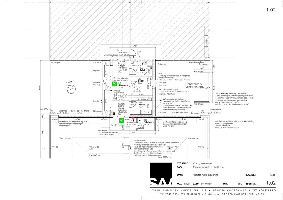 04 Teknik 8 m² Varme Niveaufri adgang Lukket gavl mod nord 2.05 1.370 VH: Mellem facadeplader og 8.060 VVS: Slangevinde i skab, 4.