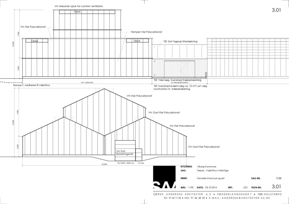 træbeklædning NY MELLEMBYGNING Svenskrød skærmvæg ca. 10 m²/ Let væg konstruktion m. træbeklædning VH: Klar Polycarbonat 10.