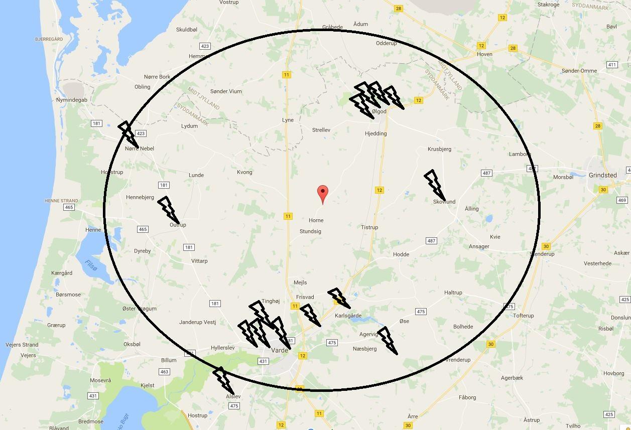 Figur 3 - Geografisk oversigt over konkurrerende fodplejere. Kilde: www.google.dk/maps. samt egen konstruktion gennem paint.