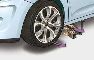 Træk parkeringsbremsen, afbryd tændingen, og sæt bilen i første gear *, så hjulene blokeres. Anbring om nødvendigt en kile under det hjul, der er diagonalt modsat det hjul, som skal udskiftes.
