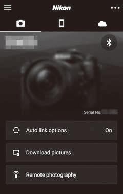 Remote photography (Fjernfotografering) Knapperne Remote photography (Fjernfotografering) på fanen App en SnapBridge kan anvendes til at udløse kameraets lukker via fjernadgang og downloade de