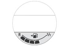 Brændstofmåler Funktionskontrol 1 Den viser den disponible brændstofmængde: - 1/1 og seks felter angiver, at tanken er fuld. - R og et felt, der blinker, angiver at tankens reservebeholdning bruges.