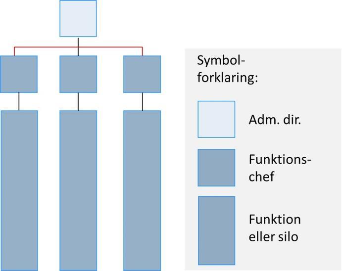 Figur 1. Den funktionsopdelte organisation. Funktioner kaldes også ofte for siloer. I den funktionsopdelte virksomhed opstår fejl og forsinkelser ofte i grænsefladen mellem to siloer.