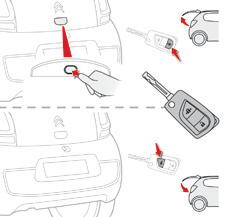 Åbninger Låsning / oplåsning og oplukning af bagklap Med nøglen Med fjernbetjening 2 - Sæt nøglen i låsen og drej den mod højre for at oplåse og åbne bagklappen på klem. Bilen forbliver låst.