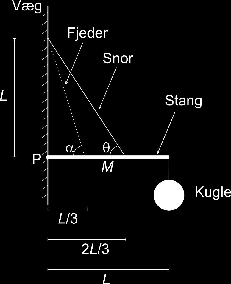 Opgave 3 En stang med massen M = 20,0 kg og længden L er forbundet til en væg ved punktet P via et friktionsløst hængsel.